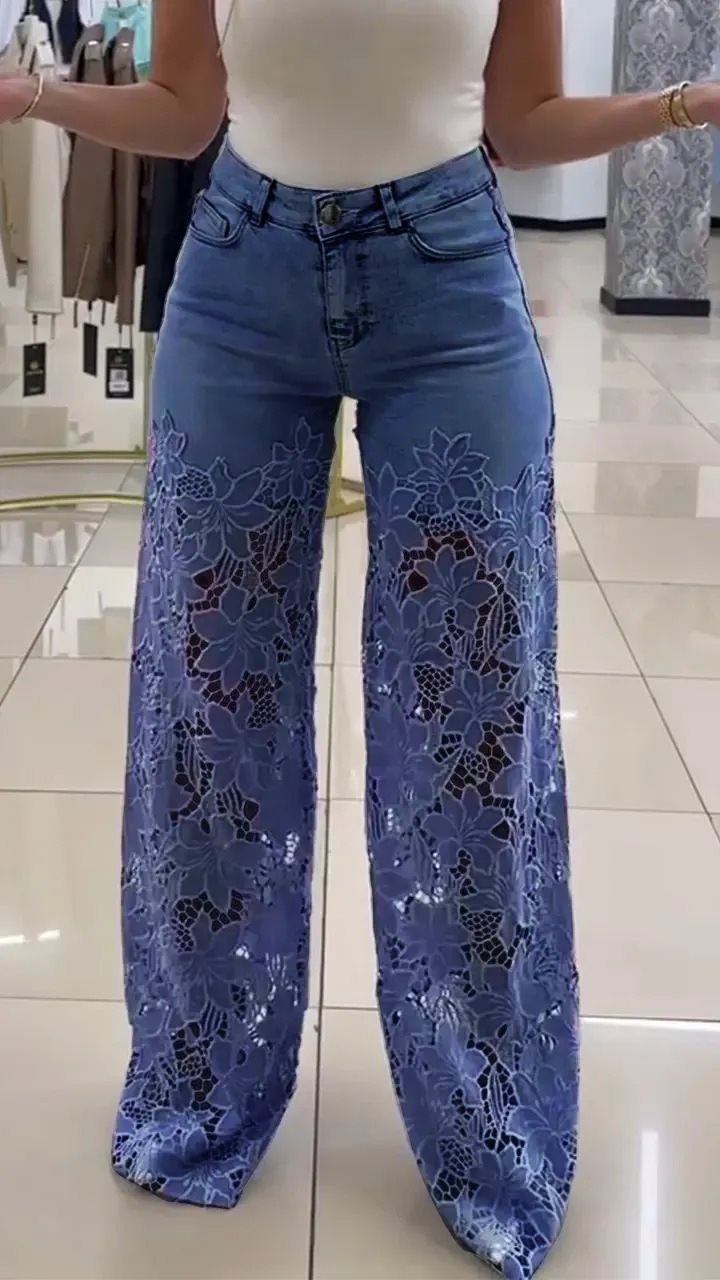 Damen Elegante weite Jeanshose mit floralem Spitzeinsatz Drune