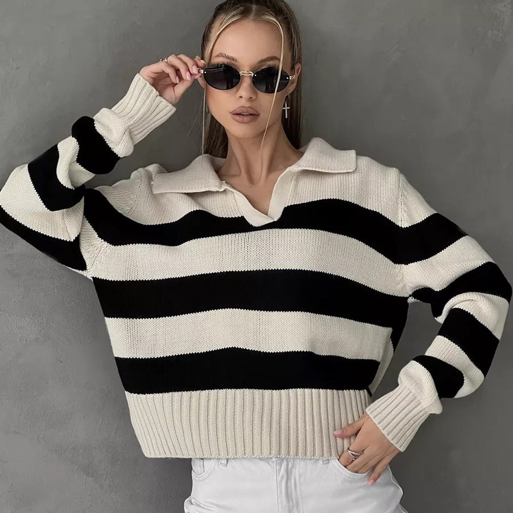 Damen sportlicher Pullover mit Streifenmuster und Kragen Drune