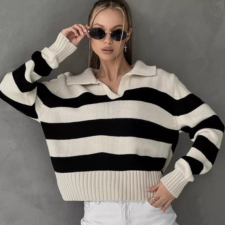 Damen sportlicher Pullover mit Streifenmuster und Kragen Drune
