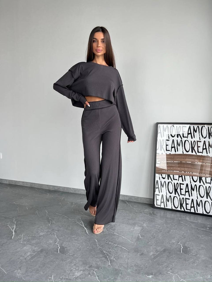Damen Cropped Oversized-Sweatshirt mit Overlocknähten und High-Waist ausgestellter Hose Set Drune