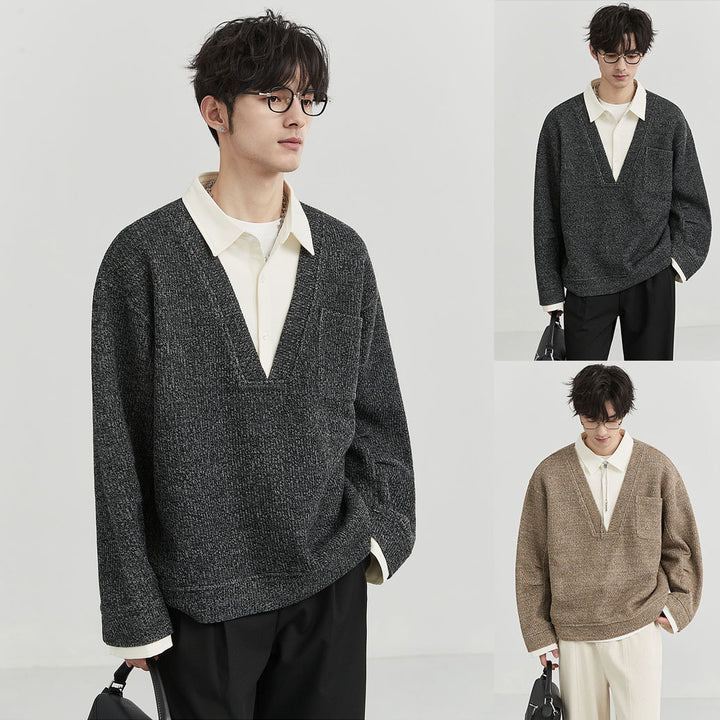 Herren Oversized V-Ausschnitt Pullover mit innovativem Strukturdesign Drune