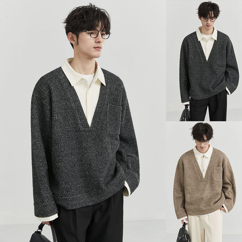 Herren Oversized V-Ausschnitt Pullover mit innovativem Strukturdesign Drune