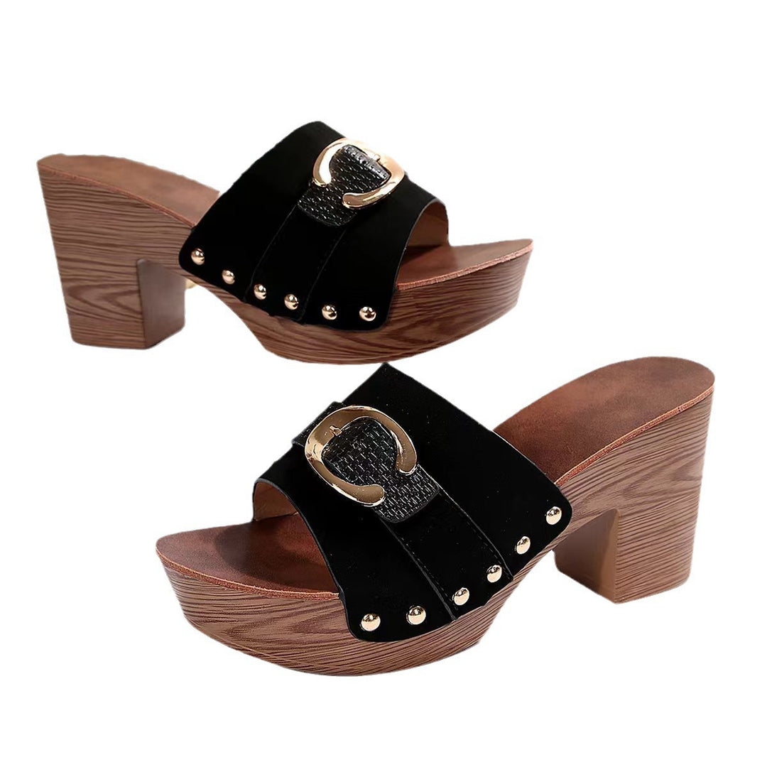 Damen Plateau-Pantoletten mit elegantem Riemendesign und komfortablem Holzabsatz Drune
