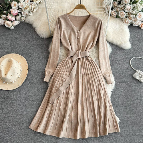 Damen Plissiertes Kleid mit Gürtel und V-Ausschnitt Drune