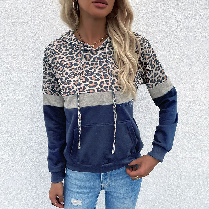 Damen Kapuzenpullover im Blockdesign mit Leopardenmuster, Kängurutasche und Tunnelzug Drune