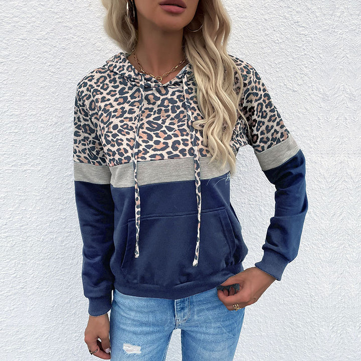 Damen Kapuzenpullover im Blockdesign mit Leopardenmuster, Kängurutasche und Tunnelzug Drune