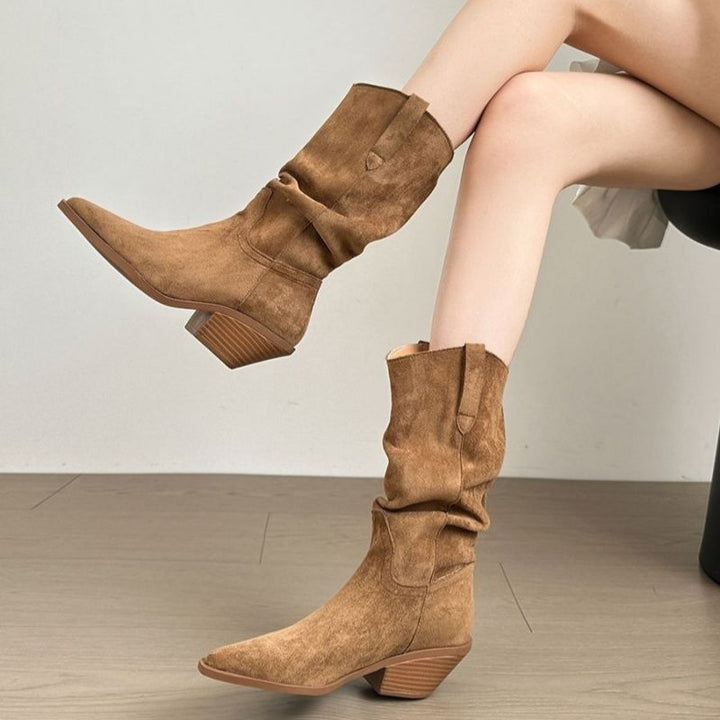 Damen Slouchy Western‑Stiefeletten mit spitzer Zehenform und sculpted Blockabsatz Drune