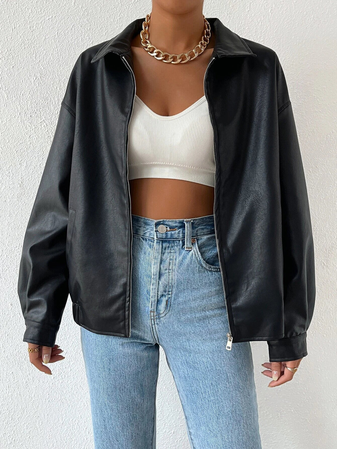 Damen trendige Kunstlederjacke im modernen Schnitt mit lässigem Reißverschluss Drune