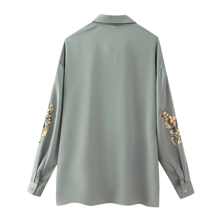 Damen nan weite Satinhose mit elastischem Bund und goldenen Paillettenblüten Drune