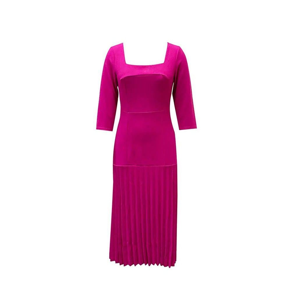 Damen Plissee-Kleid mit elegantem Quadrat-Ausschnitt und 3/4-Ärmeln Drune