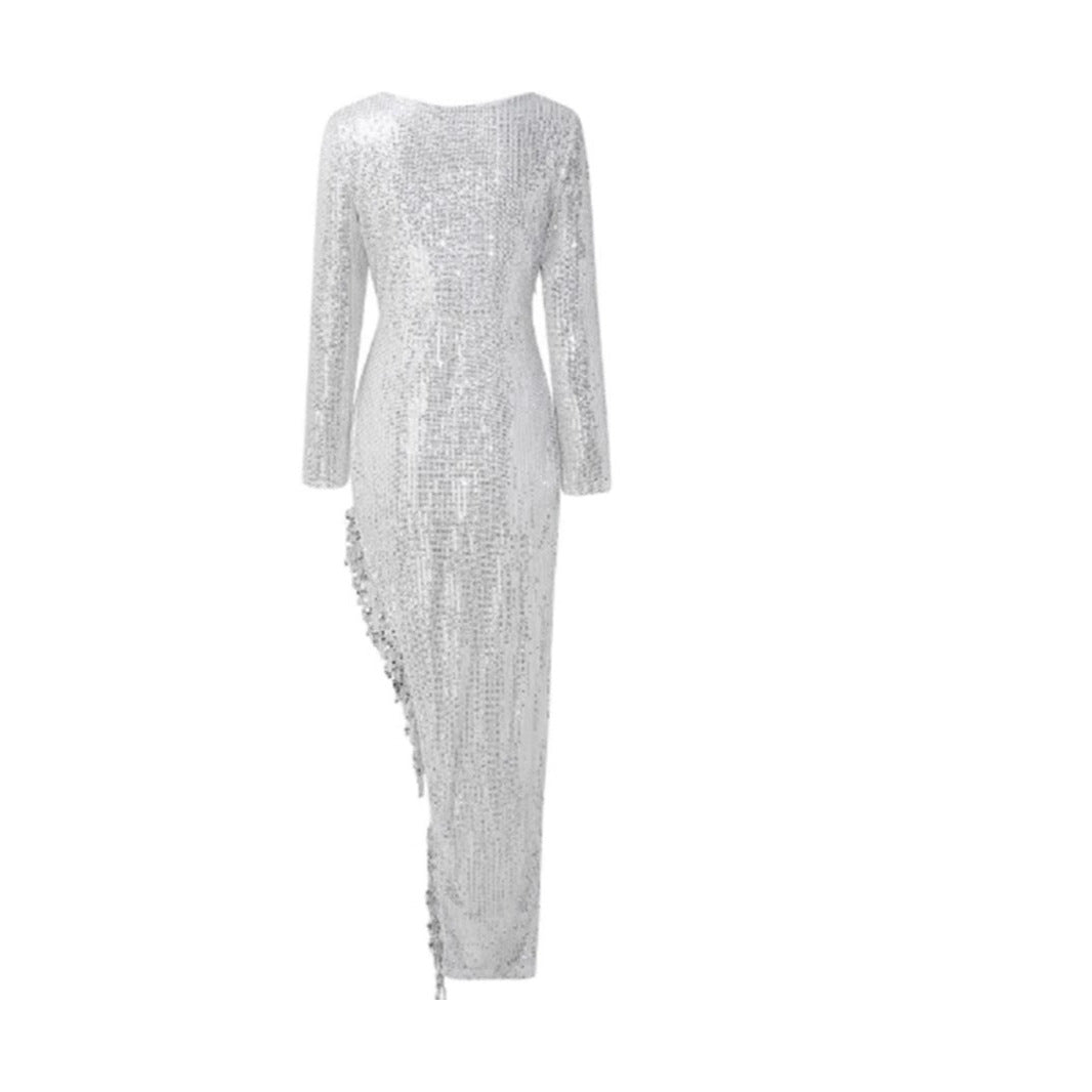 Damen Funkelndes Glitzerkleid mit tiefem V-Ausschnitt und seitlichem Schlitz Drune