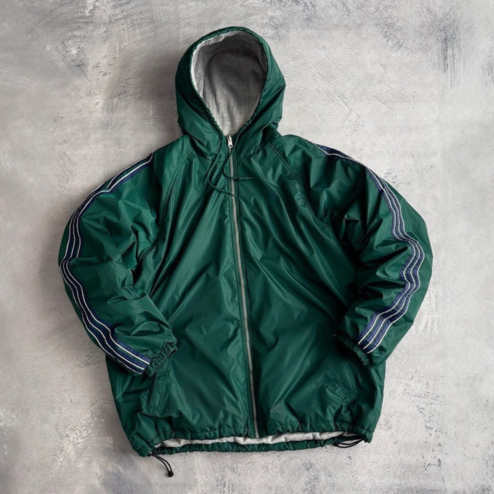 Unisex nan weit geschnittene Windjacke mit Kapuze wattiertem Fleeceinnenfutter Tunnelzugsaum und Zierstreifen an Ärmeln Drune