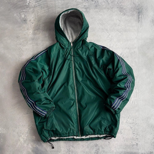 Unisex nan weit geschnittene Windjacke mit Kapuze wattiertem Fleeceinnenfutter Tunnelzugsaum und Zierstreifen an Ärmeln Drune