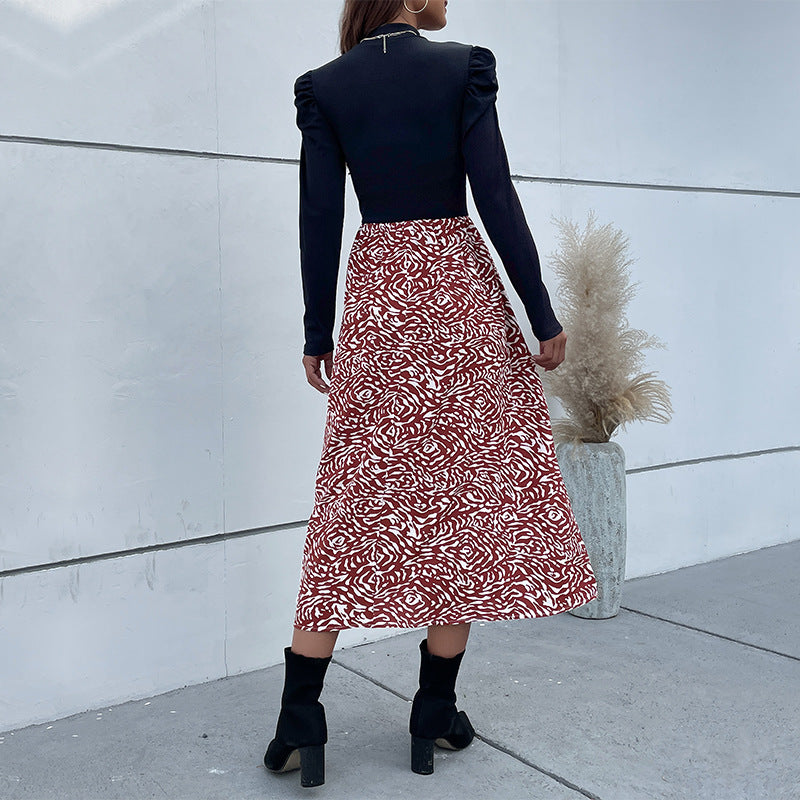 Damen A-Linien-Midirock mit hohem Bund, fließender Silhouette und abstraktem Print Drune