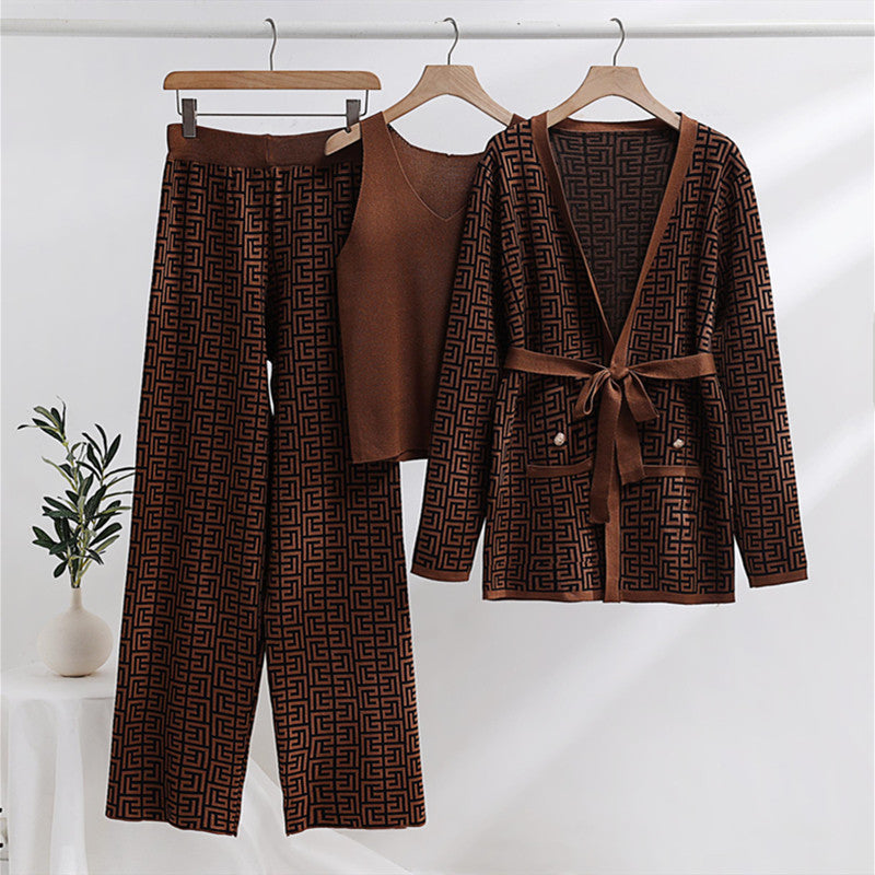 Damen modisches und luxuriöses Loungewear-Set mit elegantem Muster und praktischen Taschen Drune