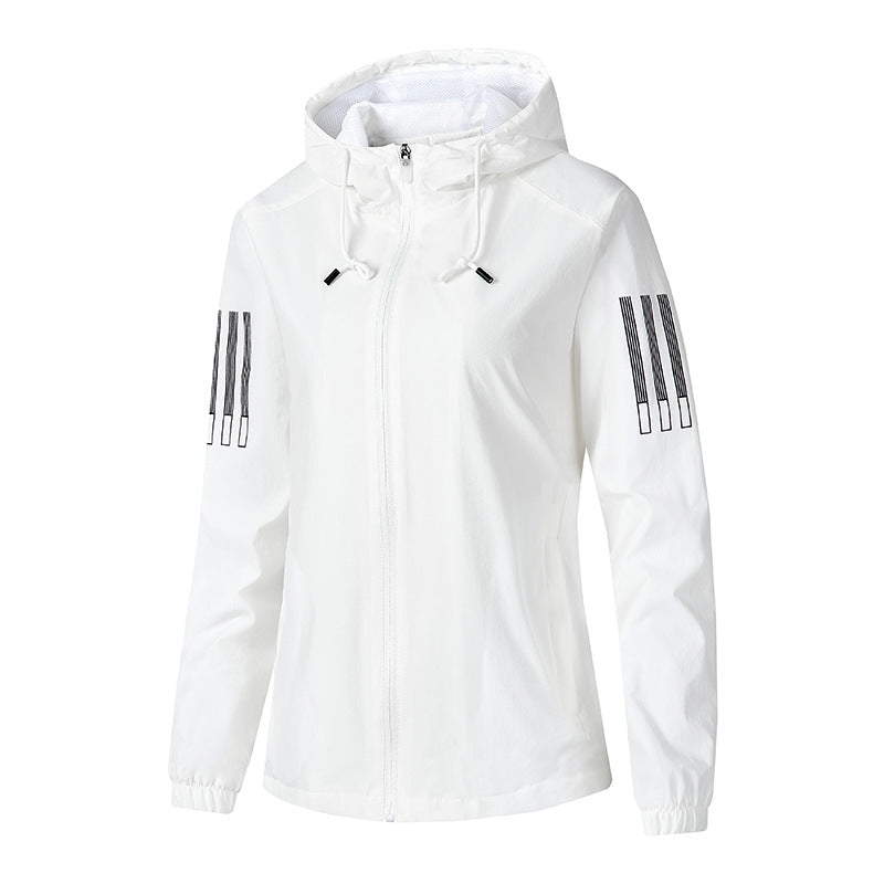 Damen Leichte atmungsaktive Kapuzen-Windjacke mit durchgehendem Reißverschluss und reflektierenden Ärmestreifen Drune