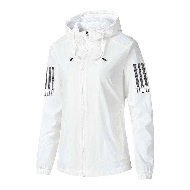 Damen Leichte atmungsaktive Kapuzen-Windjacke mit durchgehendem Reißverschluss und reflektierenden Ärmestreifen Drune