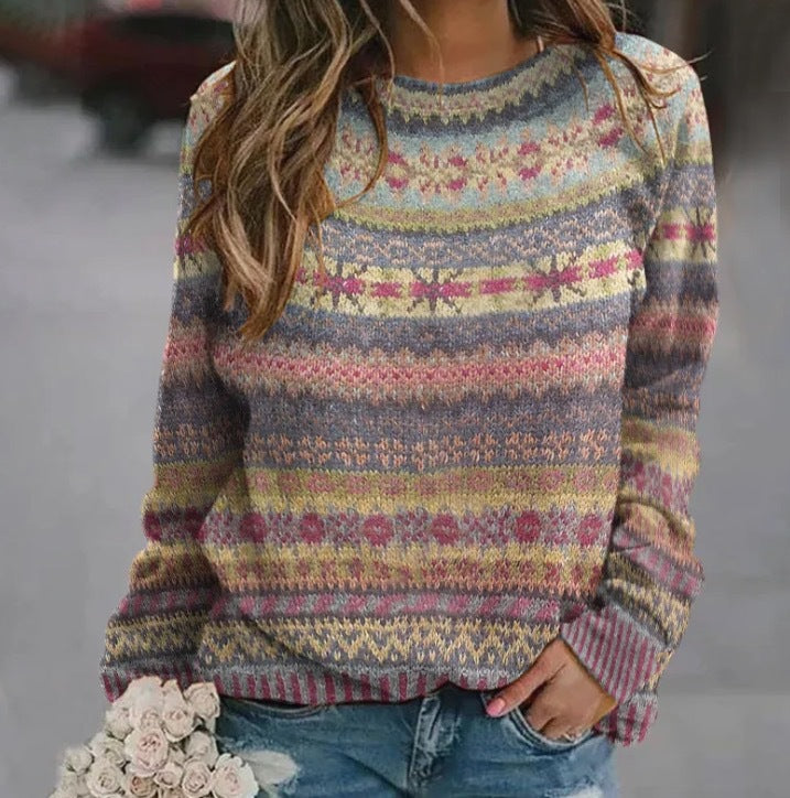Damen gemusterter Strickpullover mit Rundhalsausschnitt, Fair Isle Muster und lässigem Oversized-Schnitt Drune