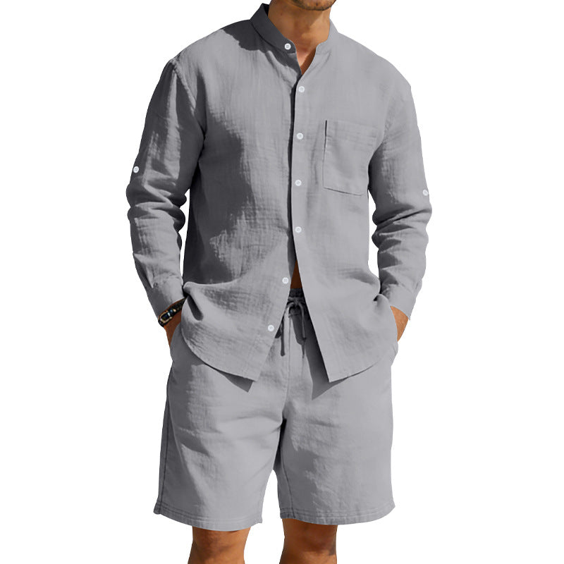 Herren nan sommerliches Leinen-Set mit Stehkragenhemd und Kordelzug-Kurzhose Drune