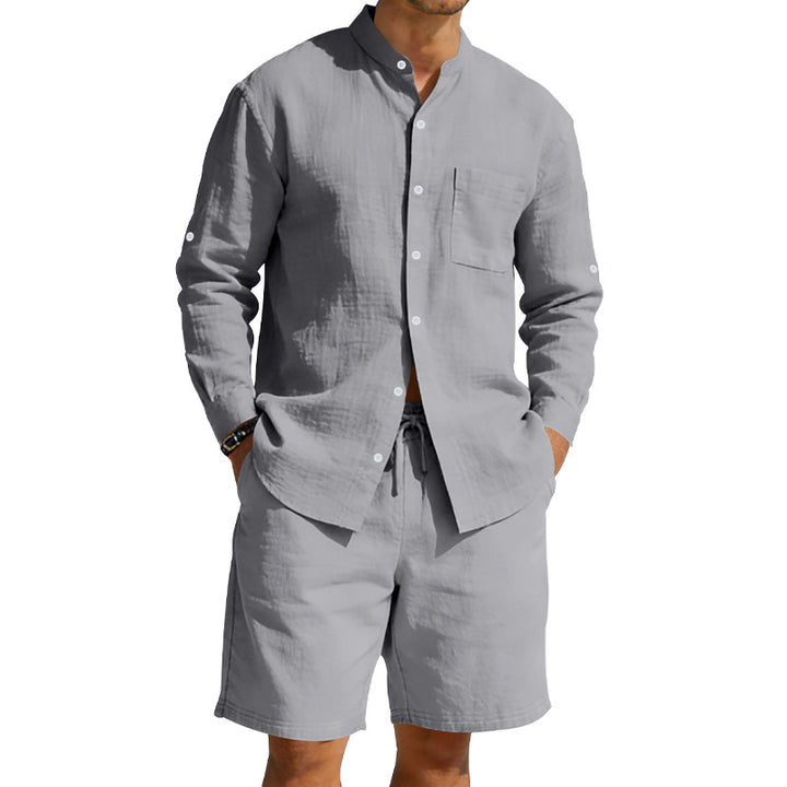 Herren nan sommerliches Leinen-Set mit Stehkragenhemd und Kordelzug-Kurzhose Drune