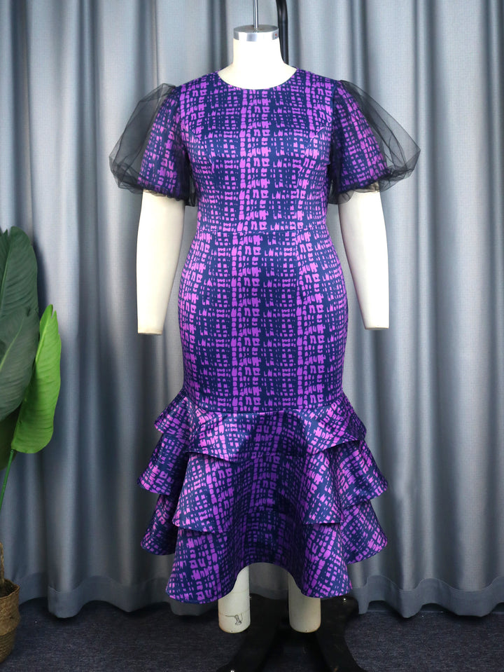Damen elegantes Abendkleid mit voluminösen Rüschenärmeln und strukturiertem Rock Drune