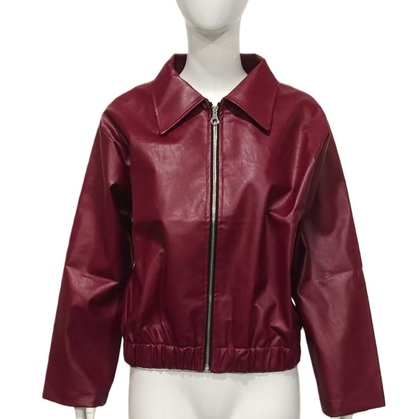 Damen Taillierte Kunstleder-Blousonjacke mit Hemdkragen, Reißverschluss und Gummizugsaum Drune