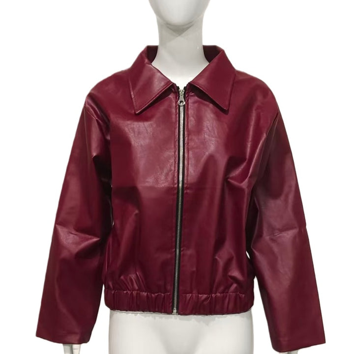 Damen Taillierte Kunstleder-Blousonjacke mit Hemdkragen, Reißverschluss und Gummizugsaum Drune