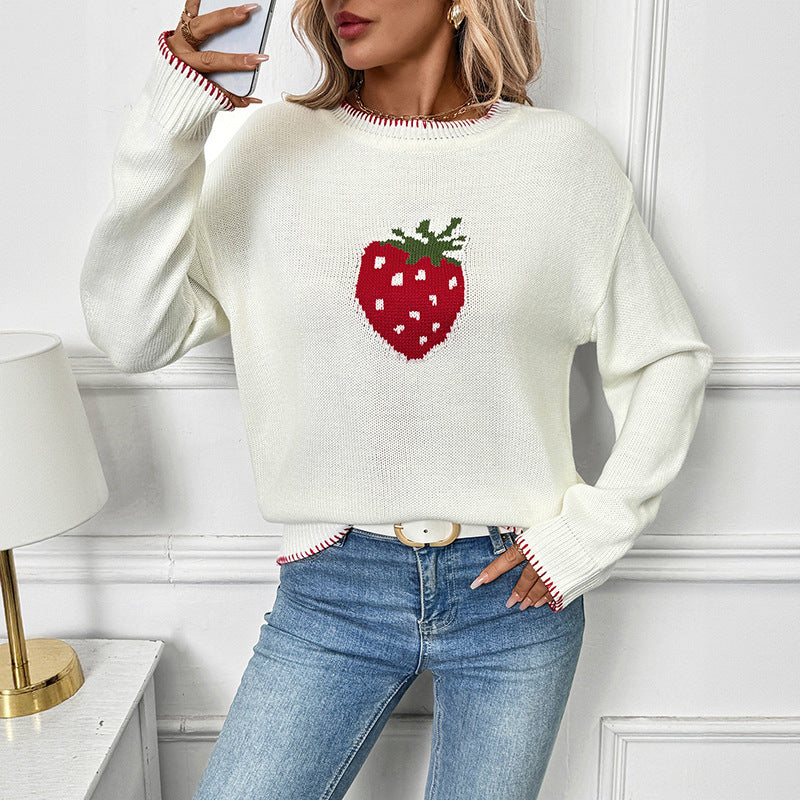 Damen Verspielter Pullover mit Erdbeer-Motiv Drune