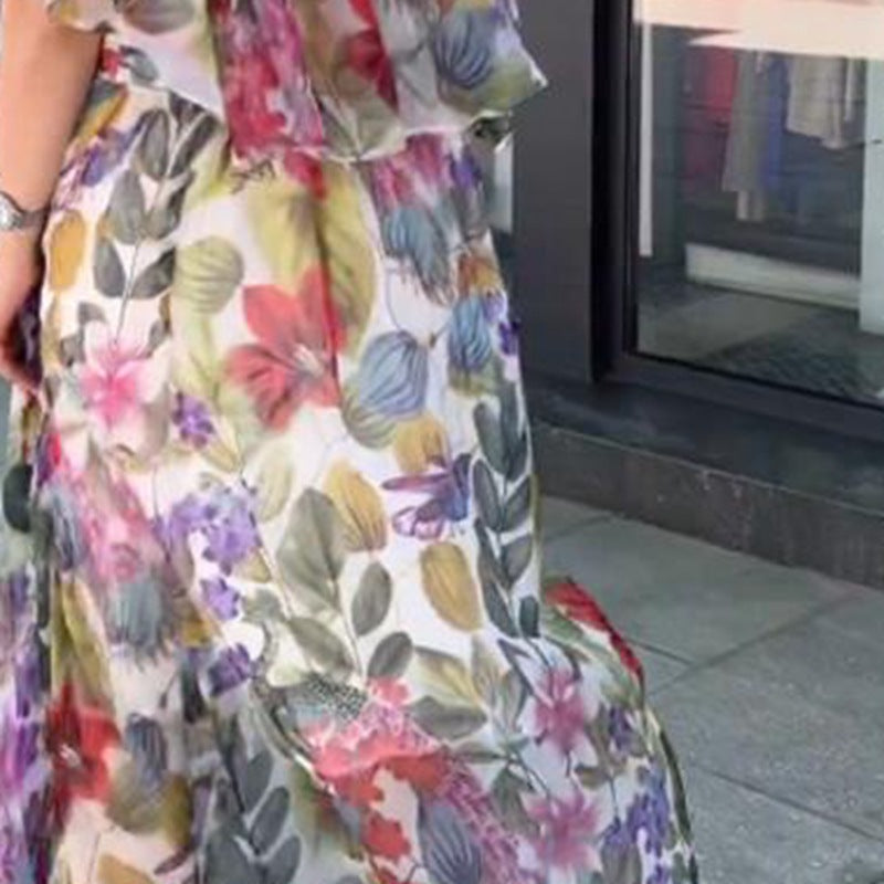 Damen nan luftiges Chiffon-Maxikleid mit floralem Print, gerafftem Rundhalsausschnitt und elastischem Taillenband Drune