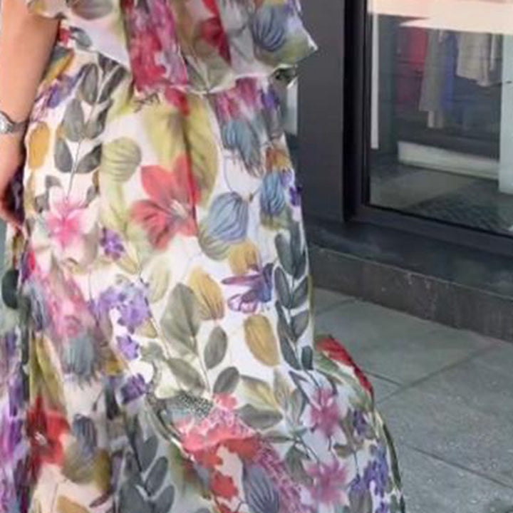 Damen nan luftiges Chiffon-Maxikleid mit floralem Print, gerafftem Rundhalsausschnitt und elastischem Taillenband Drune