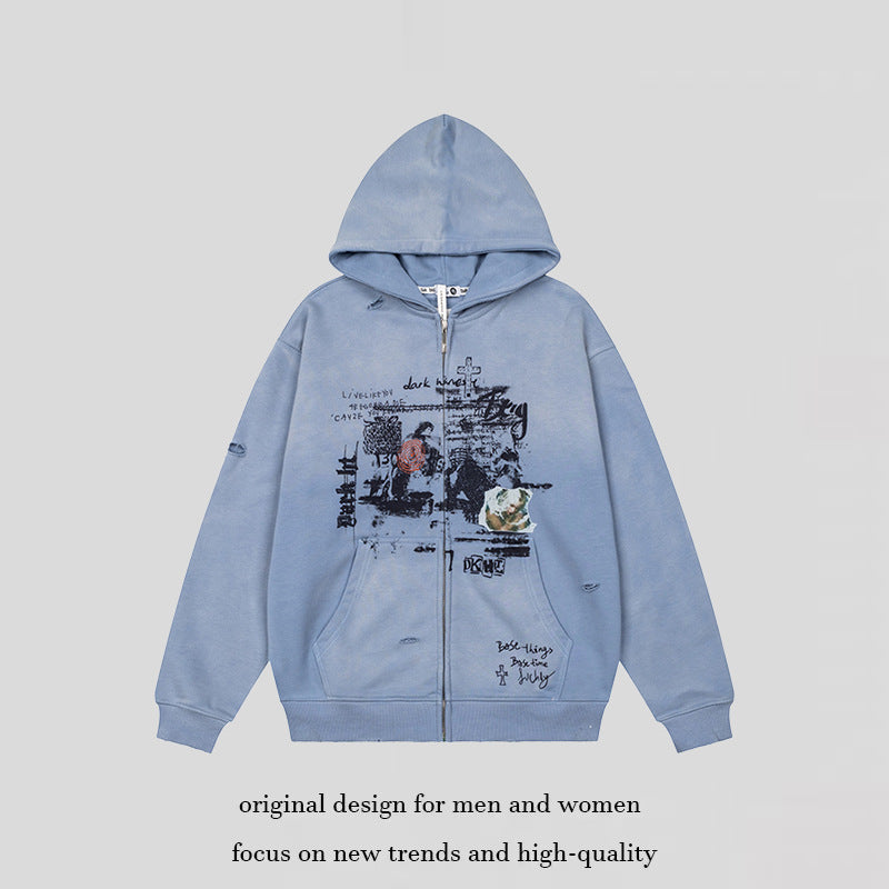 Unisex Oversize Kapuzenjacke mit Reißverschluss, Used‑Effekt, Vintage‑Print und Kängurutaschen Drune
