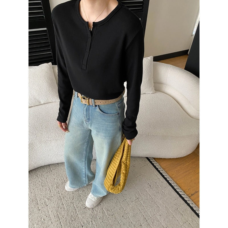Damen langärmliges Henley-Oberteil mit elegantem V-Ausschnitt und feiner Rippstruktur Drune
