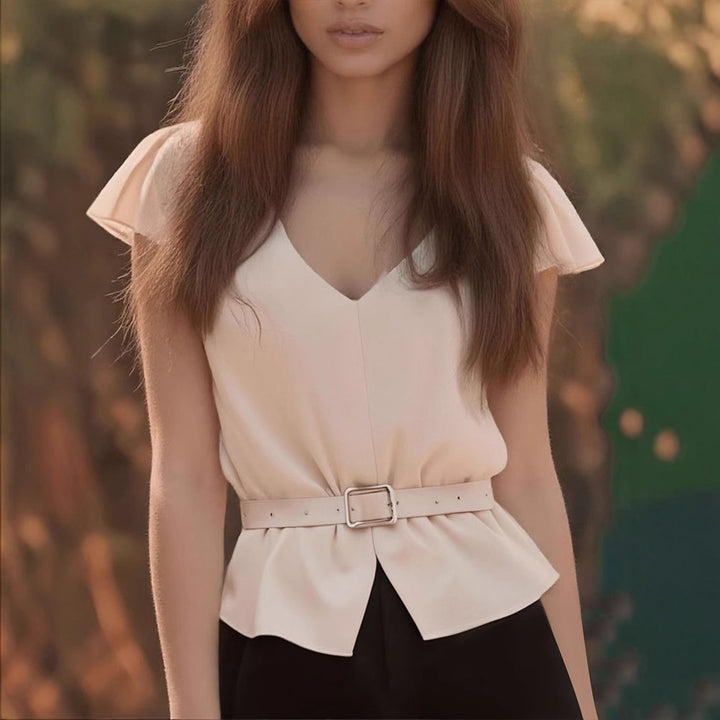 Damen Blusenshirt mit Taillengürtel und elegantem V-Ausschnitt Drune