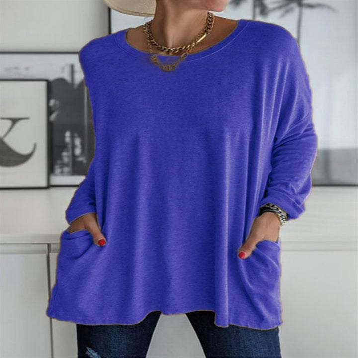 Damen nan oversized Longsleeve-Tunika mit Rundhalsausschnitt, überschnittener Schulter und aufgesetzten Taschen Drune