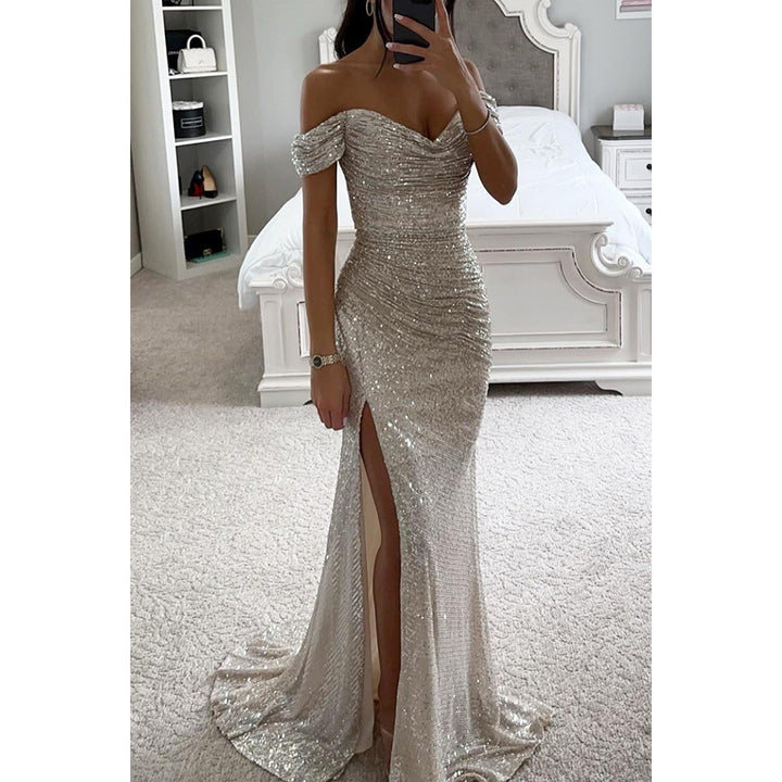 Damen Glitzerndes Abendkleid mit schulterfreiem Design und hohem Schlitz Drune