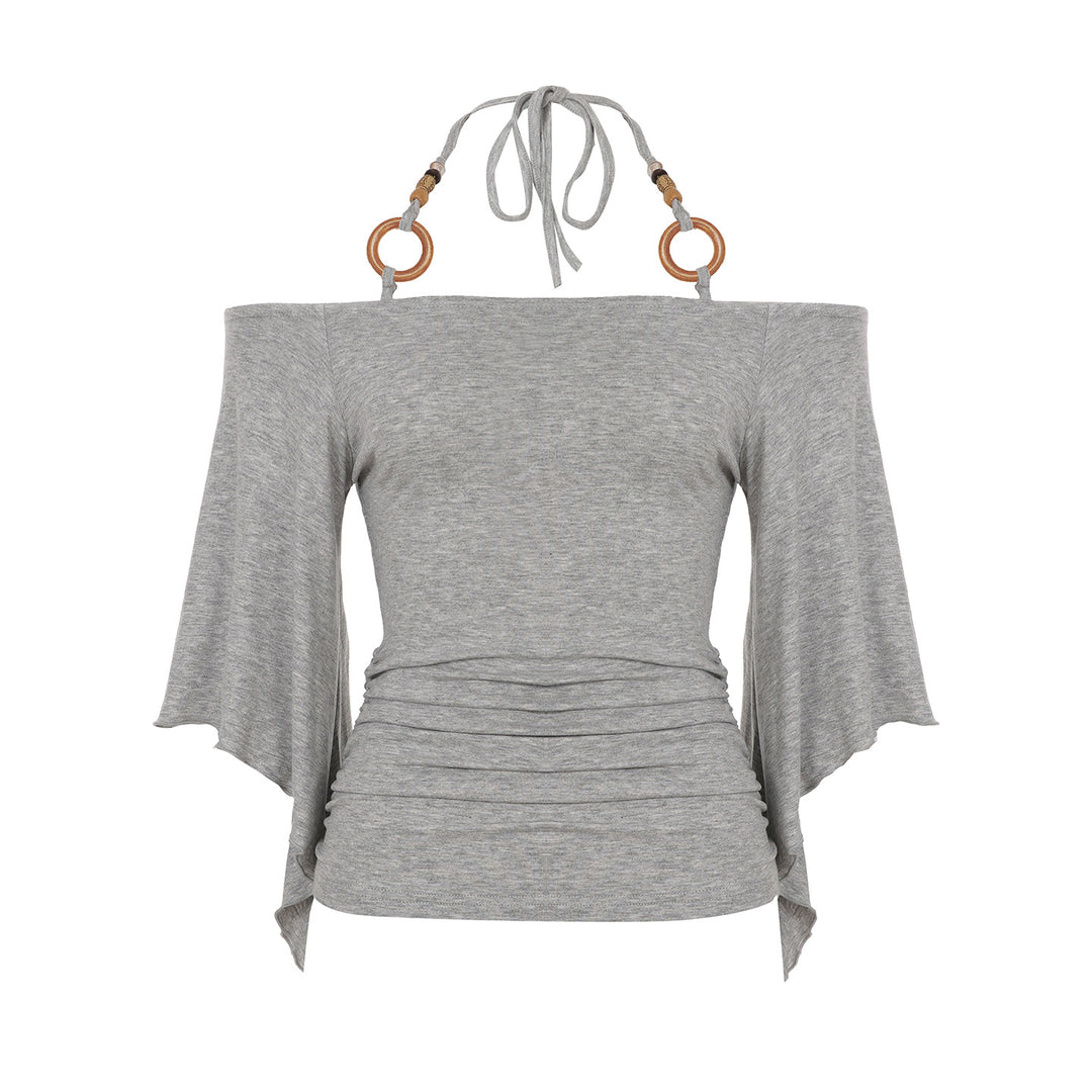 Damen Off-Shoulder Oberteil mit voluminösen Ärmeln und dekorativen Bindedetails Drune