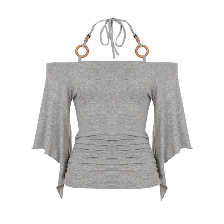 Damen Off-Shoulder Oberteil mit voluminösen Ärmeln und dekorativen Bindedetails Drune