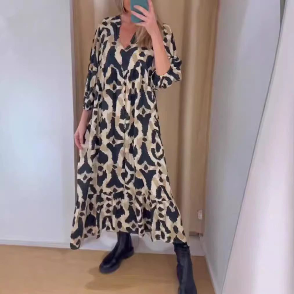 Damen nan weites Stufenmaxikleid mit V-Ausschnitt geraffter Brustpasse und Dreiviertelärmeln Drune