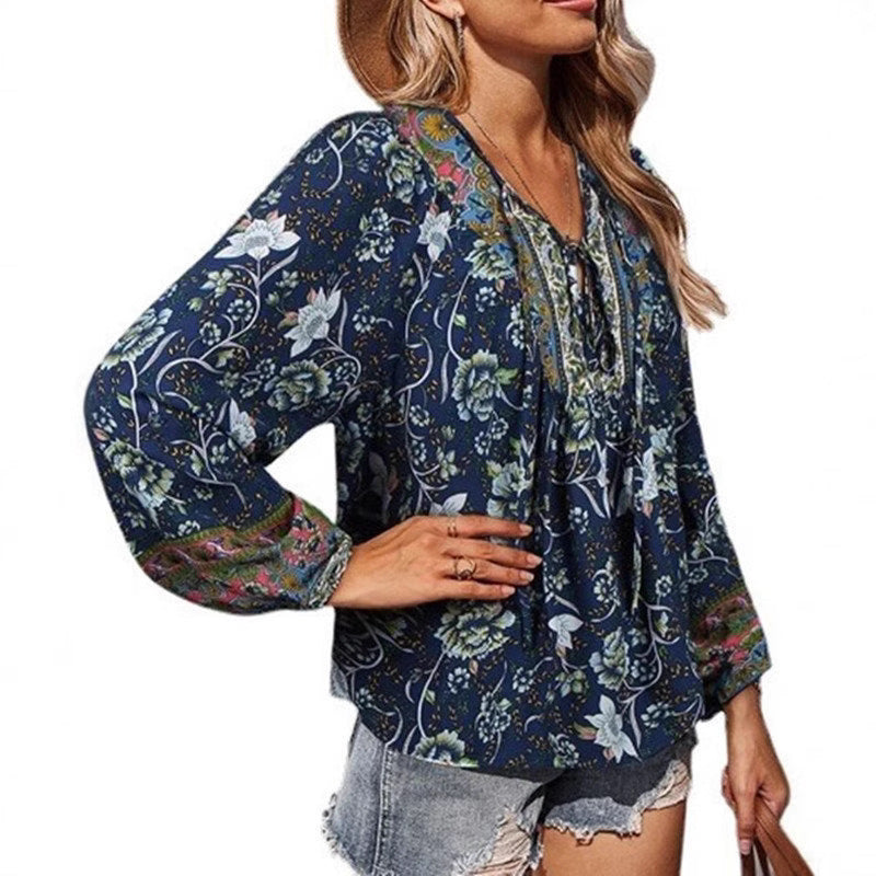 Damen Boho-Bluse mit floralem Print, V‑Ausschnitt mit Bindeband und Plissée-Details Drune