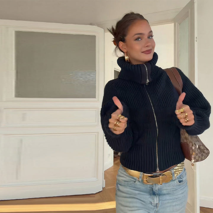 Damen Strickjacke mit hohem Kragen und modischem Reißverschluss Drune