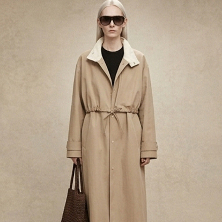 Damen Taillierter Mantel im Trenchcoat‑Stil mit Kordelzug‑Taille und Kontrastkragen Drune