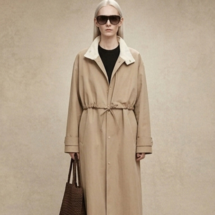 Damen Taillierter Mantel im Trenchcoat‑Stil mit Kordelzug‑Taille und Kontrastkragen Drune