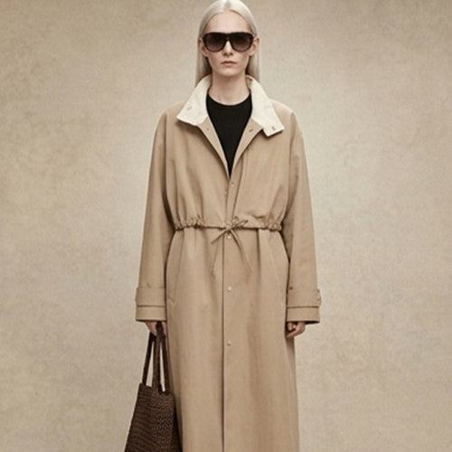 Damen Taillierter Mantel im Trenchcoat‑Stil mit Kordelzug‑Taille und Kontrastkragen Drune