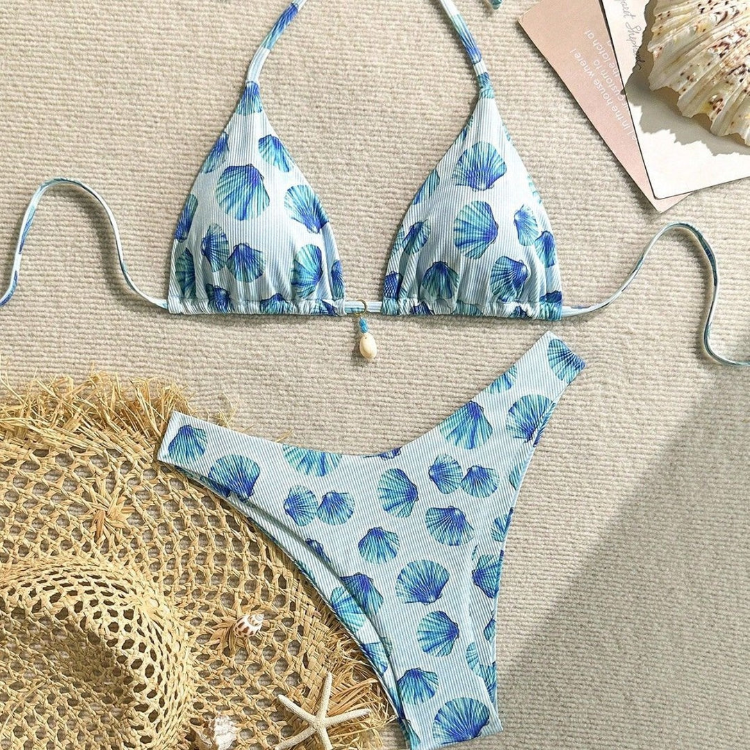 Damen Triangel-Bikini mit Muschel-Print und zarten Rüschendetails Drune