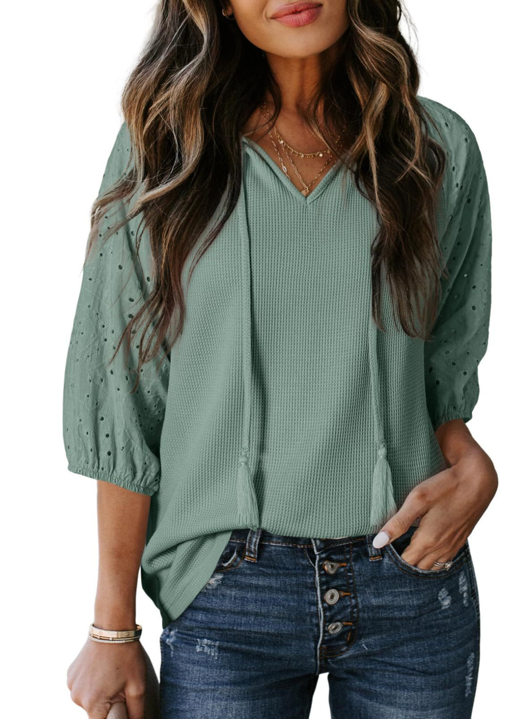 Damen Waffelshirt mit V‑Ausschnitt, Quasten und bestickten Puffärmeln Drune