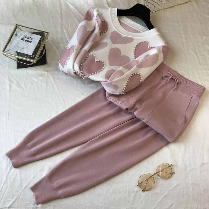 Damen stylisches Freizeitstrickset mit hohem Kragen Drune