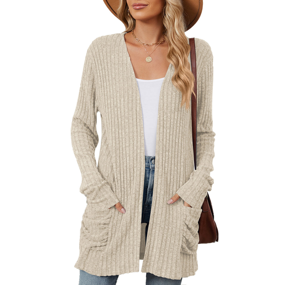 Damen lässige Strickjacke mit Rippstruktur und praktischen Taschen Drune