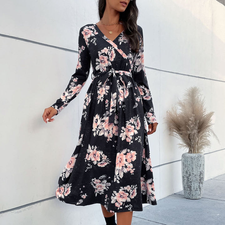 Damen Florales Wickel-Midikleid mit V-Ausschnitt, Taillengürtel und ausgestelltem Rock Drune