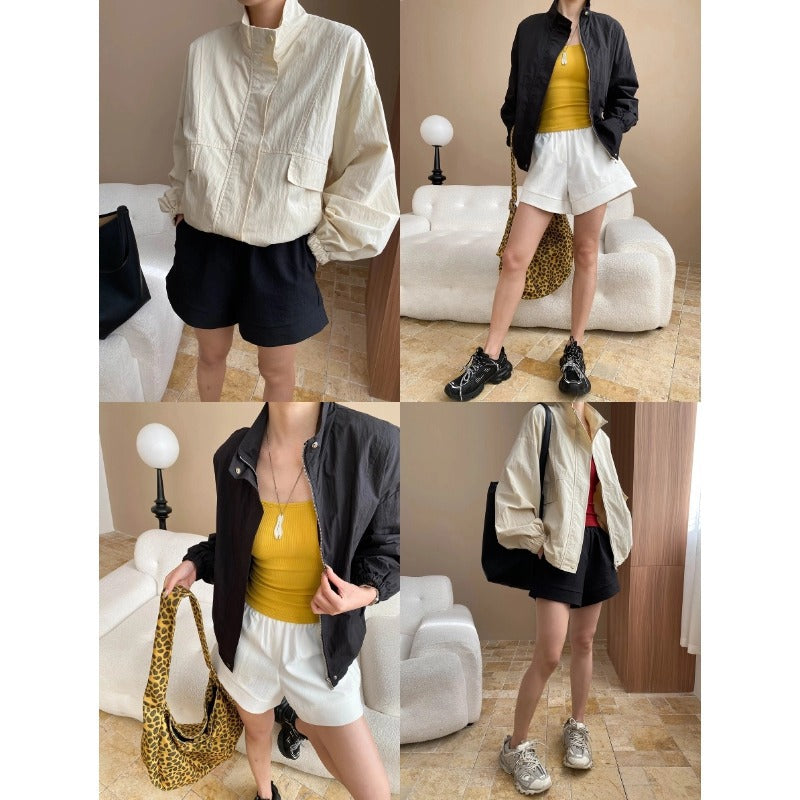 Damen lässige Utility-Jacke mit hohem Kragen und praktischen Taschen Drune