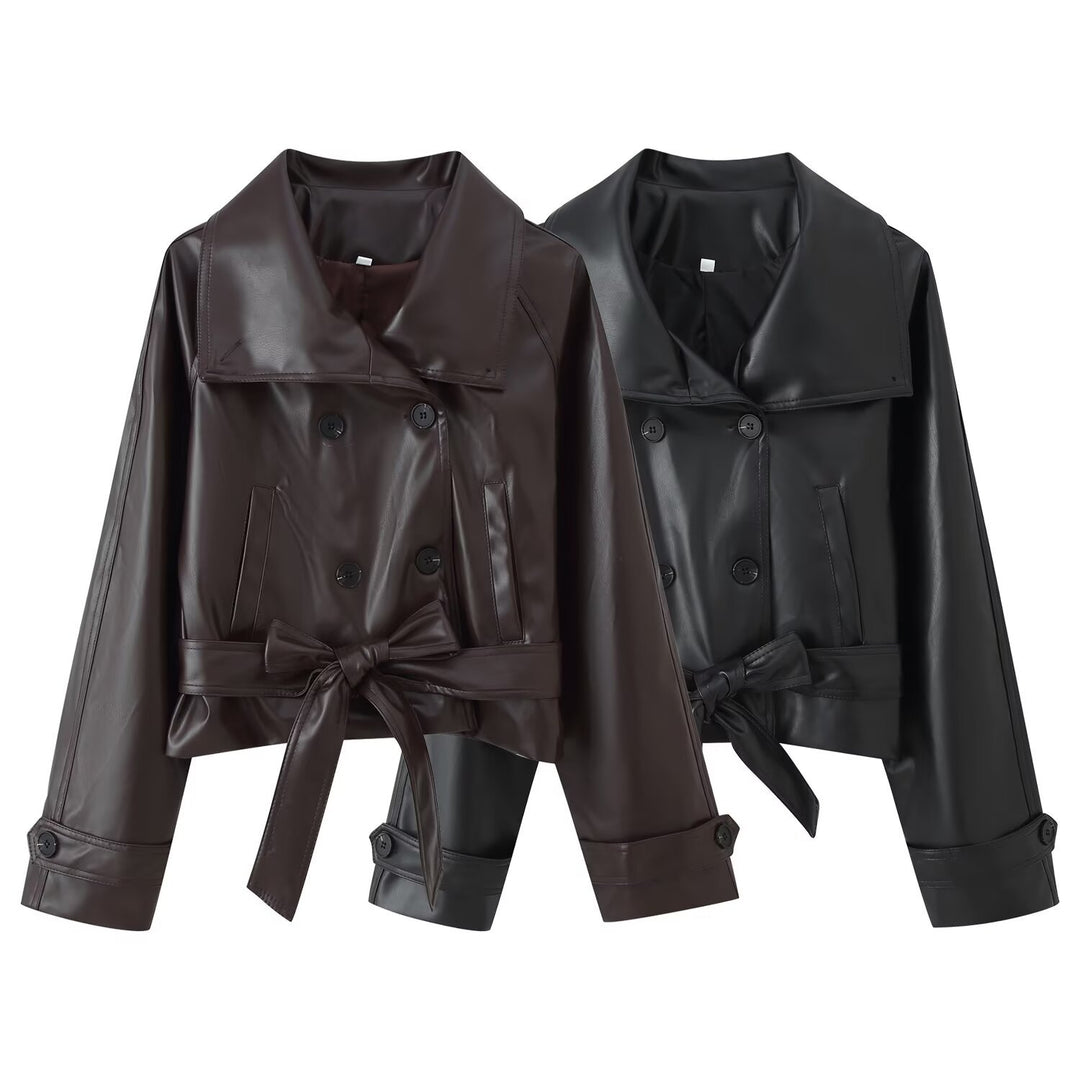 Damen 100+ Cropped Kunstleder-Trenchblouson mit doppelreihiger Knopfleiste und Taillengürtel Drune